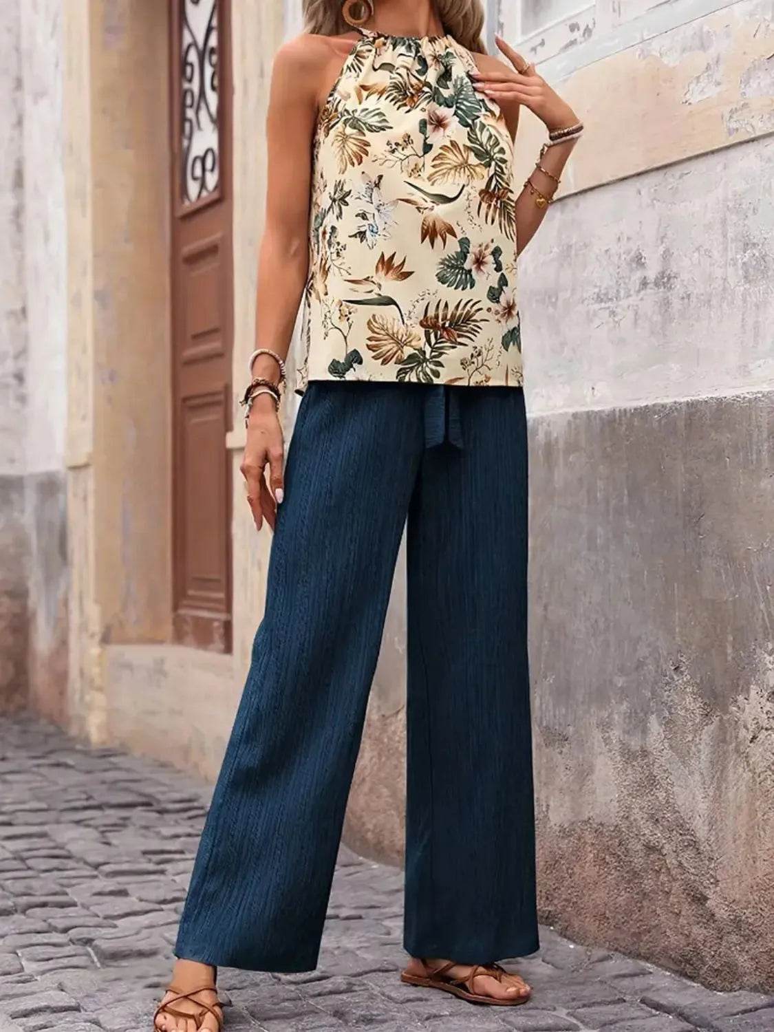 Printed Tank Top and Wide Leg Pants Set - Tredona LLC