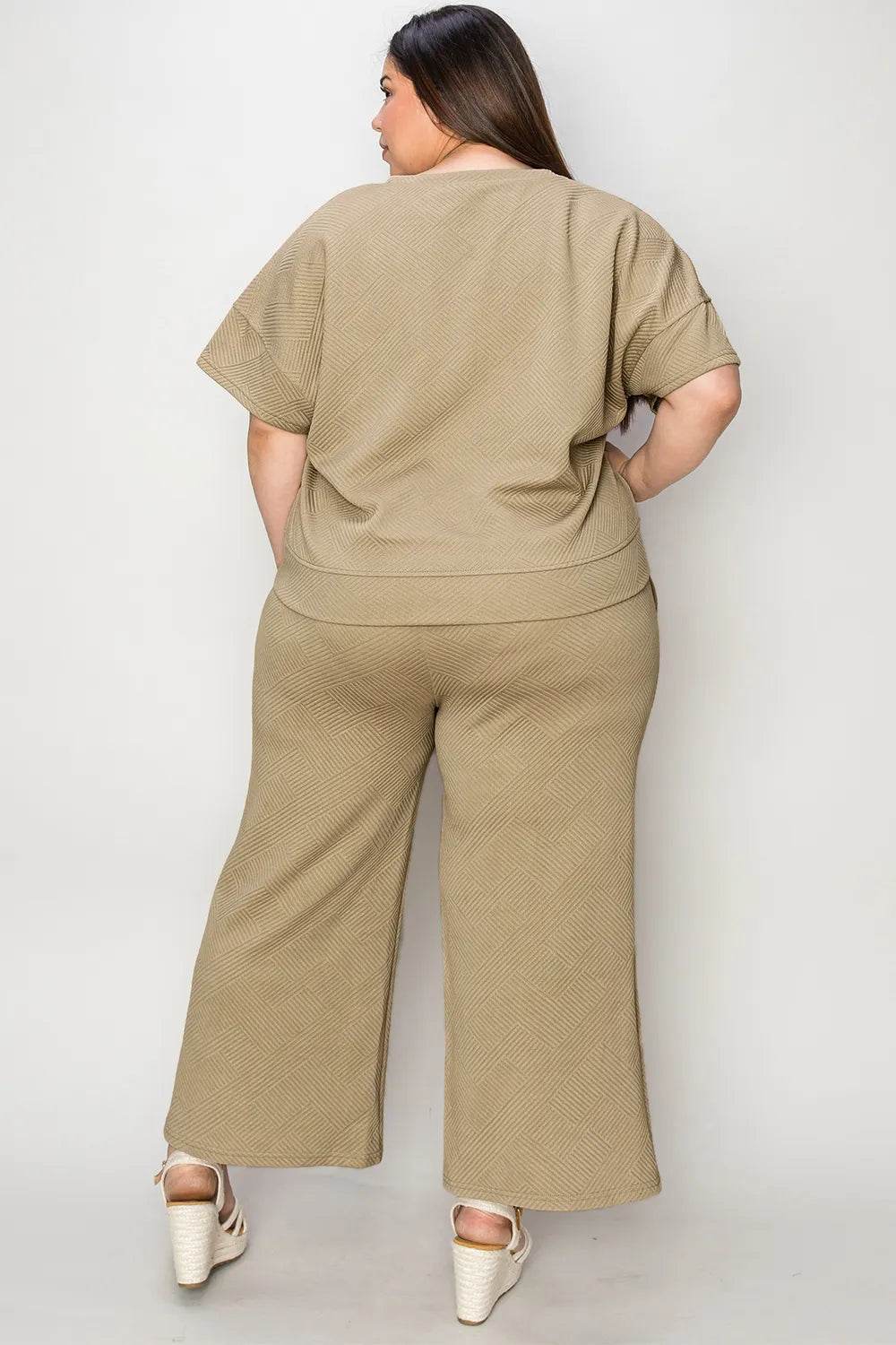 Double Take Full Size Texture Short Sleeve Top and Pants Set - Tredona LLC