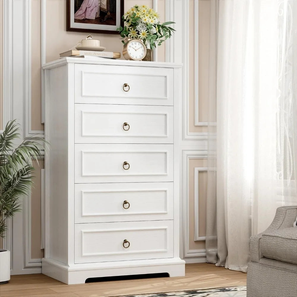 HOSTACK 5 Drawers Dresser for Bedroom, 44 Tall White Dresser with 5 Drawers, White Chest of Drawers with Storage, Modern Farmhou
