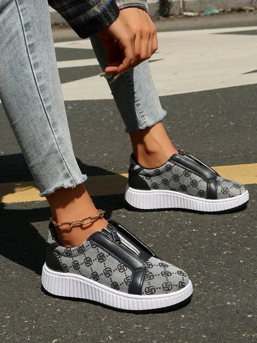 Floral Round Toe Sneakers with Zip - Tredona LLC