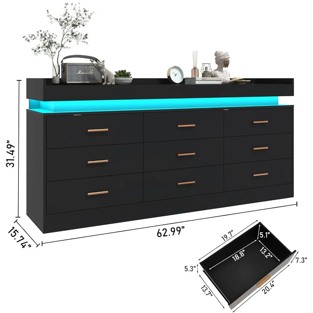 Modern LED-lit 9-Drawer Dresser with Built-in Charging Station and Power Outlet for Bedroom Organization