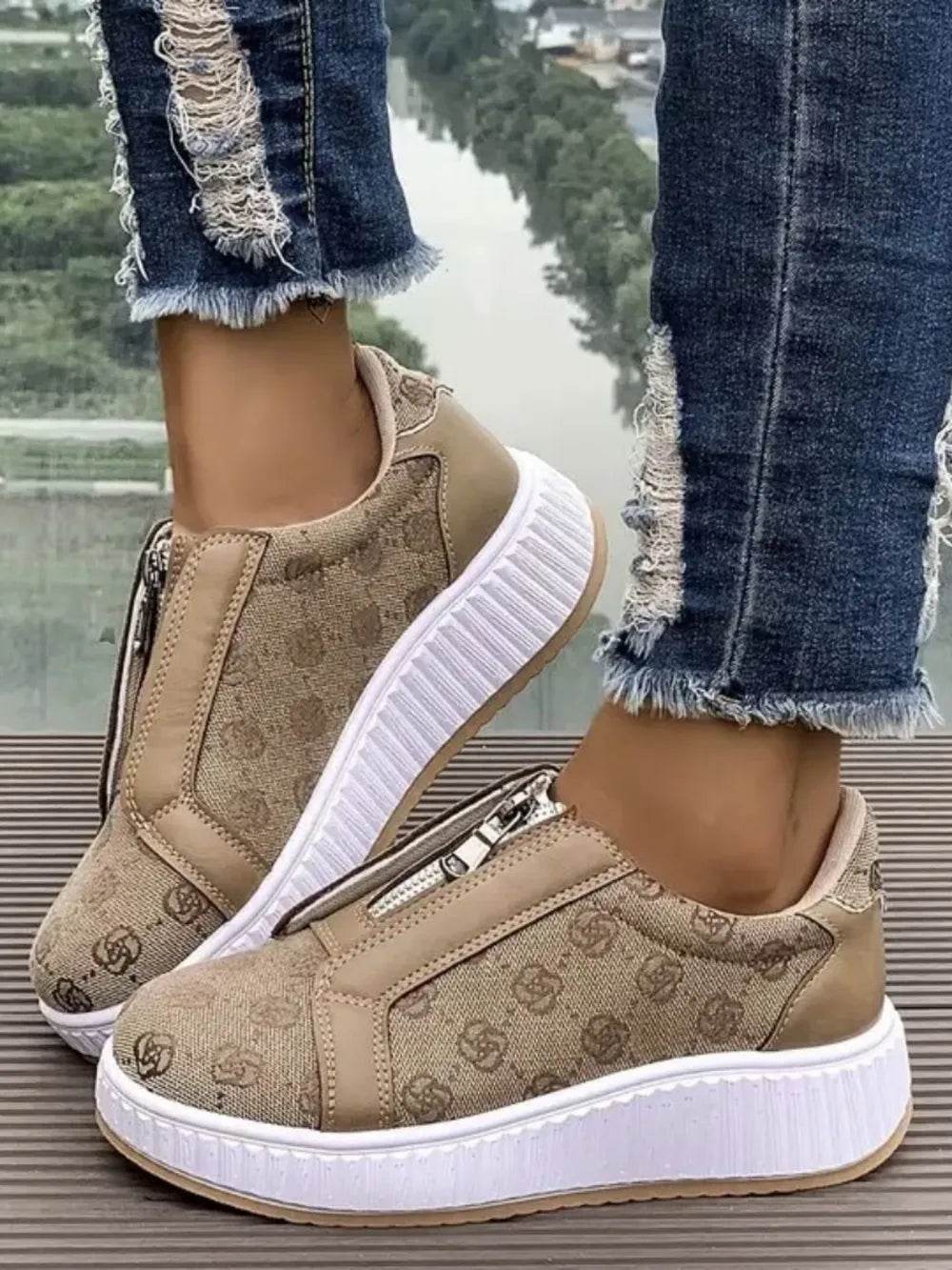 Floral Round Toe Sneakers with Zip - Tredona LLC