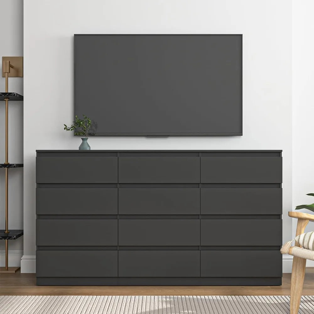 Black Dresser for Bedroom,Modern Long 12 Drawer Dresser with Deep Drawer,Wood Storage Chest of Drawer, Bedroom Storage Organizer