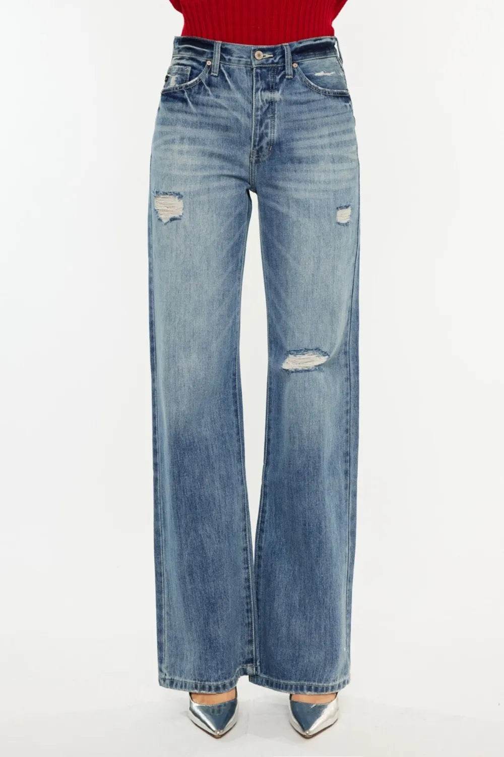 Kancan Distressed High Waist Bootcut Jeans - Tredona LLC