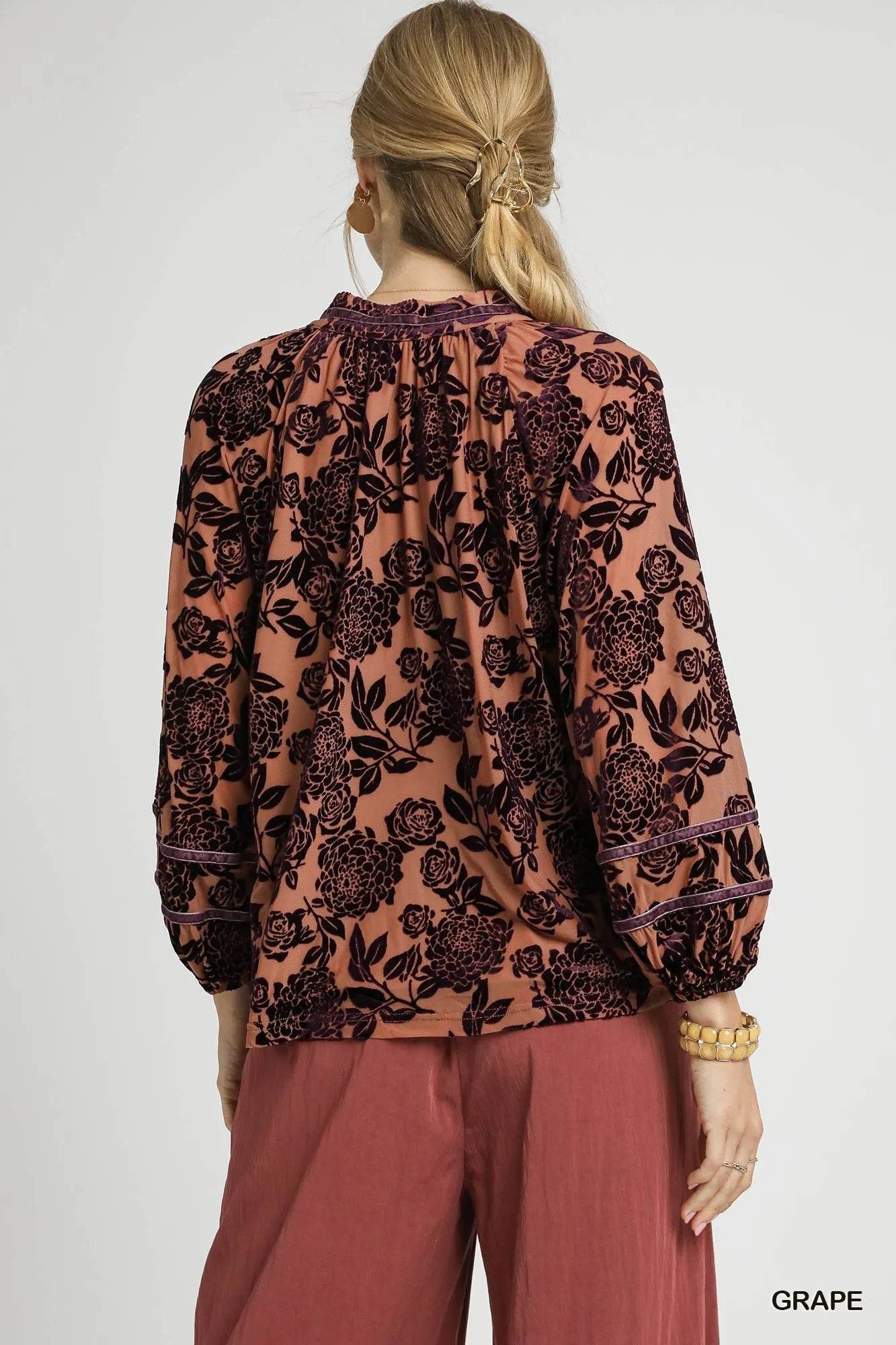Umgee Floral Velvet Blouse with Balloon Sleeves - Tredona LLC