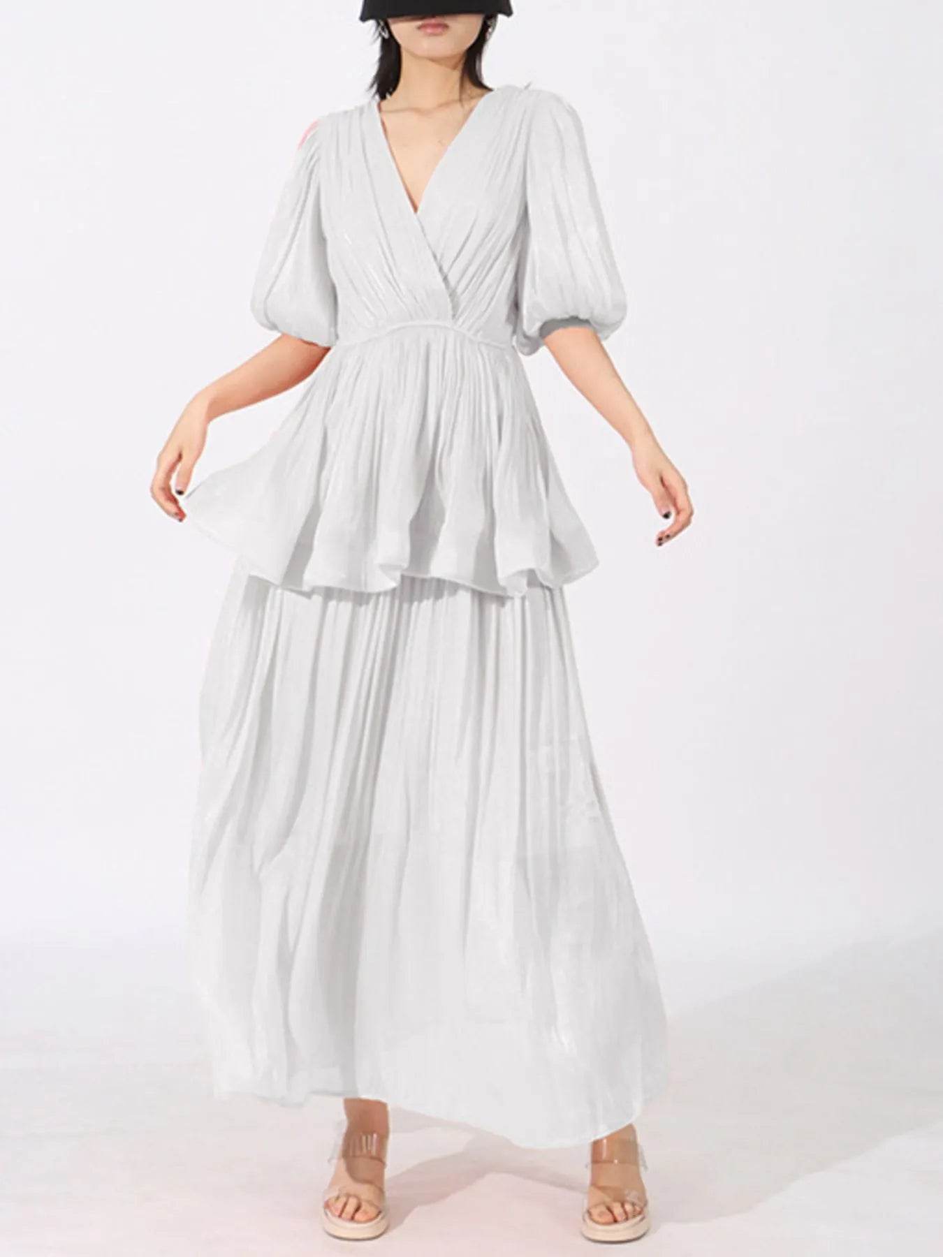 Layered Surplice Puff Sleeve Maxi Dress - Tredona LLC
