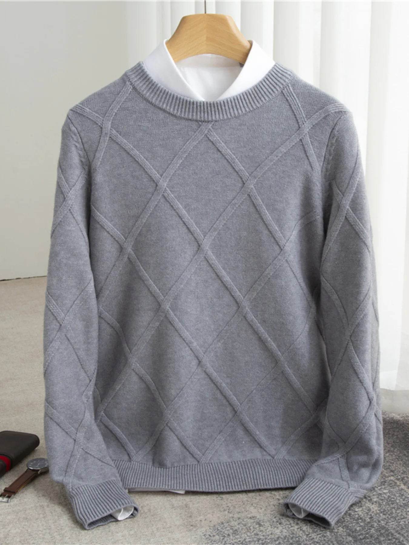 Men's Full Size Diamond Pattern Long Sleeve Sweater Plus Size - Tredona LLC