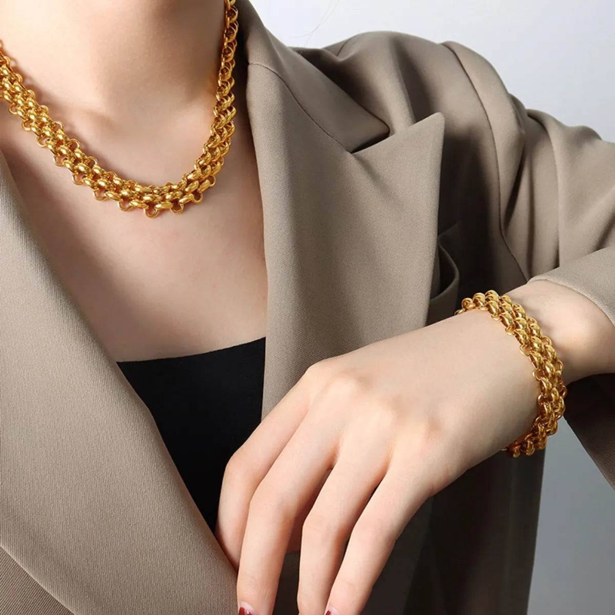 Gold Chain Link Jewelry Set with Necklace and Bracelet - Tredona LLC