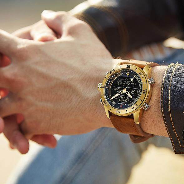 NAVIFORCE 9144 Fashion Gold Men Sport Watches Mens LED Analog Digital Watch Army Military Leather Quartz Watch Relogio Masculino - Tredona LLC