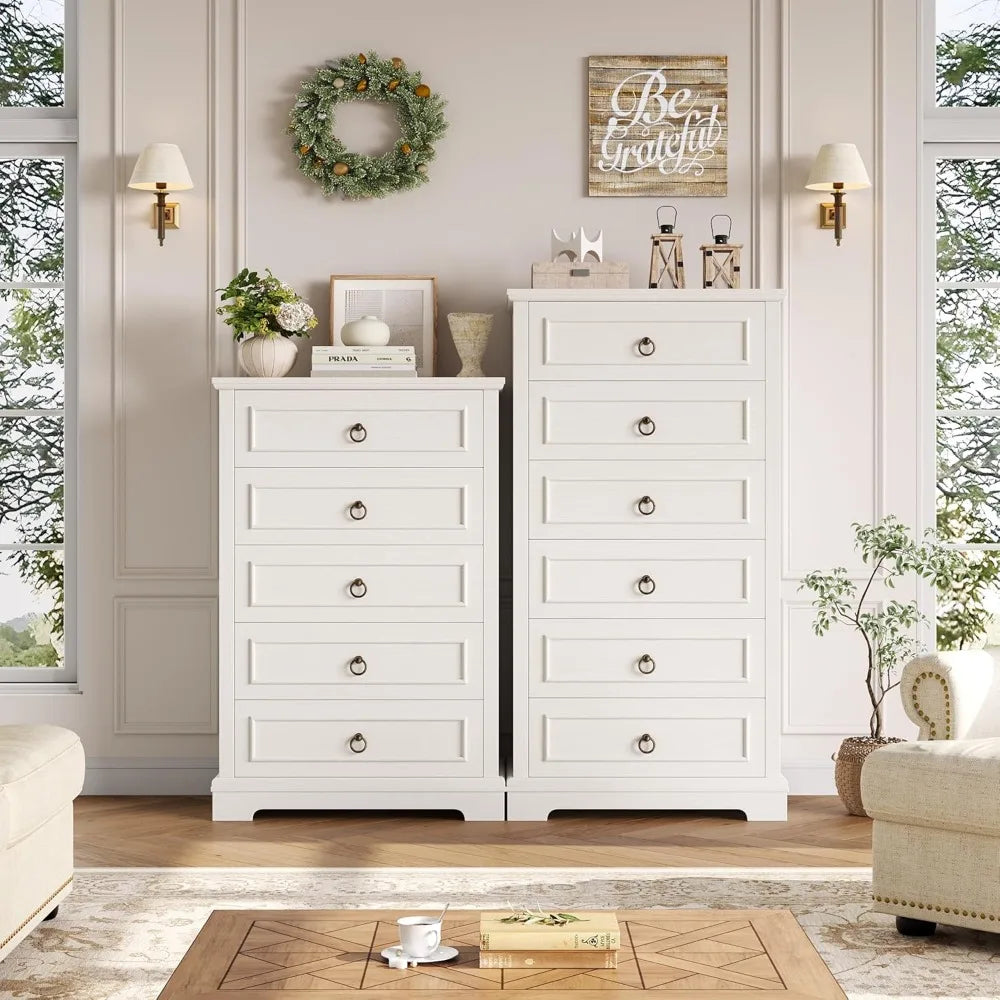 HOSTACK 5 Drawers Dresser for Bedroom, 44 Tall White Dresser with 5 Drawers, White Chest of Drawers with Storage, Modern Farmhou