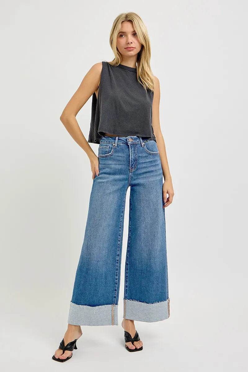 RISEN Full Size Tummy Control High Rise Crop Wide Cuffed Jeans Plus Size - Tredona LLC