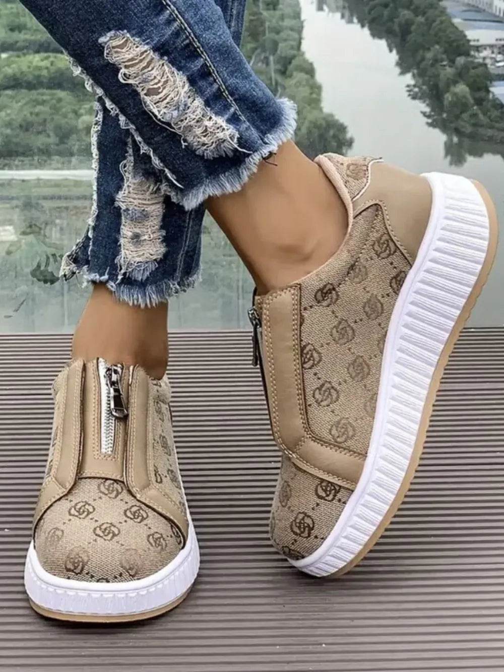 Floral Round Toe Sneakers with Zip - Tredona LLC