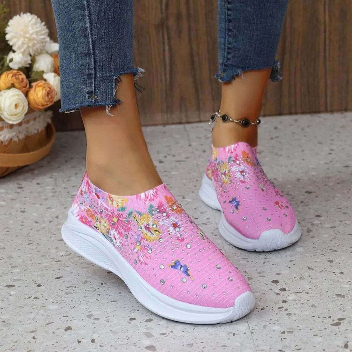 Rhinestone Floral Print Sneakers - Tredona LLC