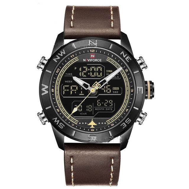 NAVIFORCE 9144 Fashion Gold Men Sport Watches Mens LED Analog Digital Watch Army Military Leather Quartz Watch Relogio Masculino - Tredona LLC