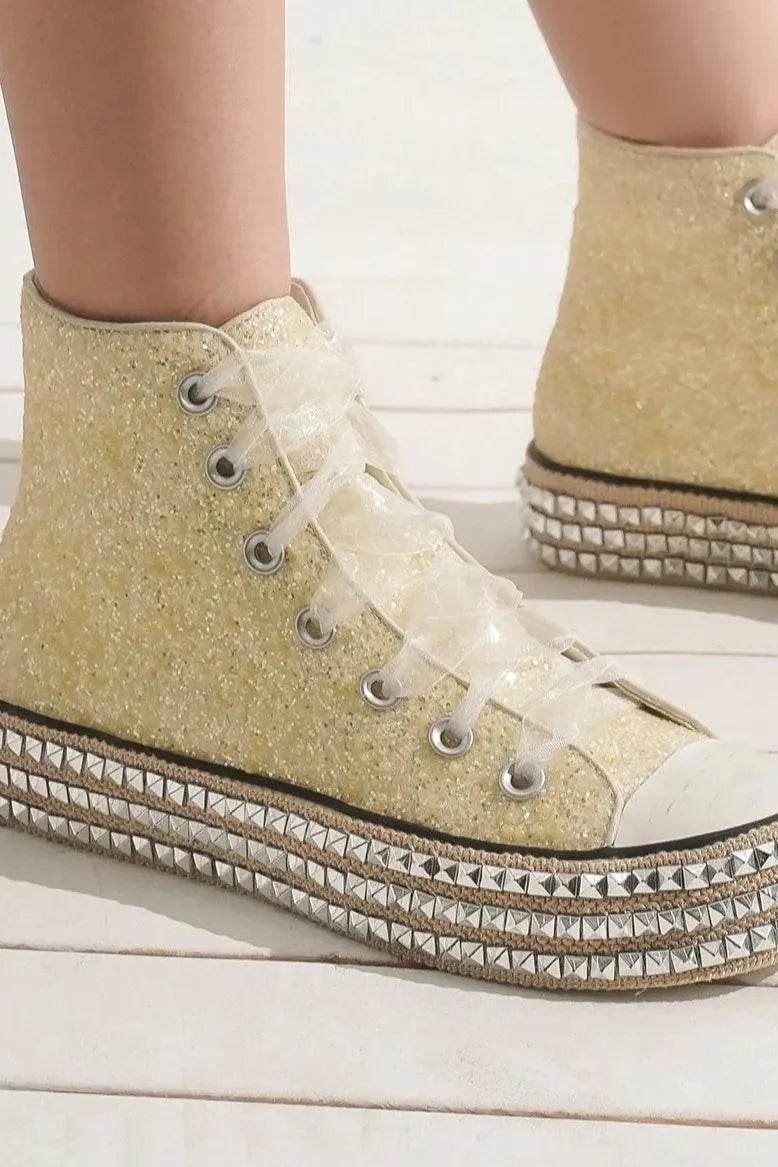 Beast Fashion Glitter Lace-Up Studded Platform Sneakers - Tredona LLC