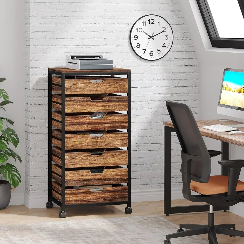 Tribesigns 7 Drawer Chest, Wood Storage Dresser Cabinet with Wheels, Industrial Storage Drawer Organizer Cart for Office Bedroom