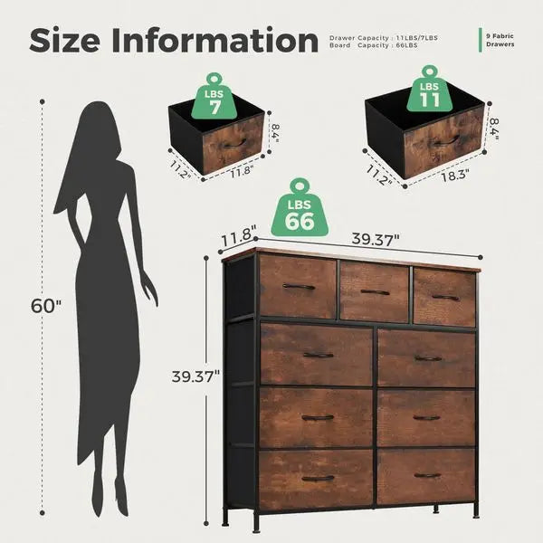 Dresser for Bedroom with 9 Fabric Drawers, Tall Chest Organizer Units for Clothing, Closet, Storage Tower with Cabinet, Metal Fr