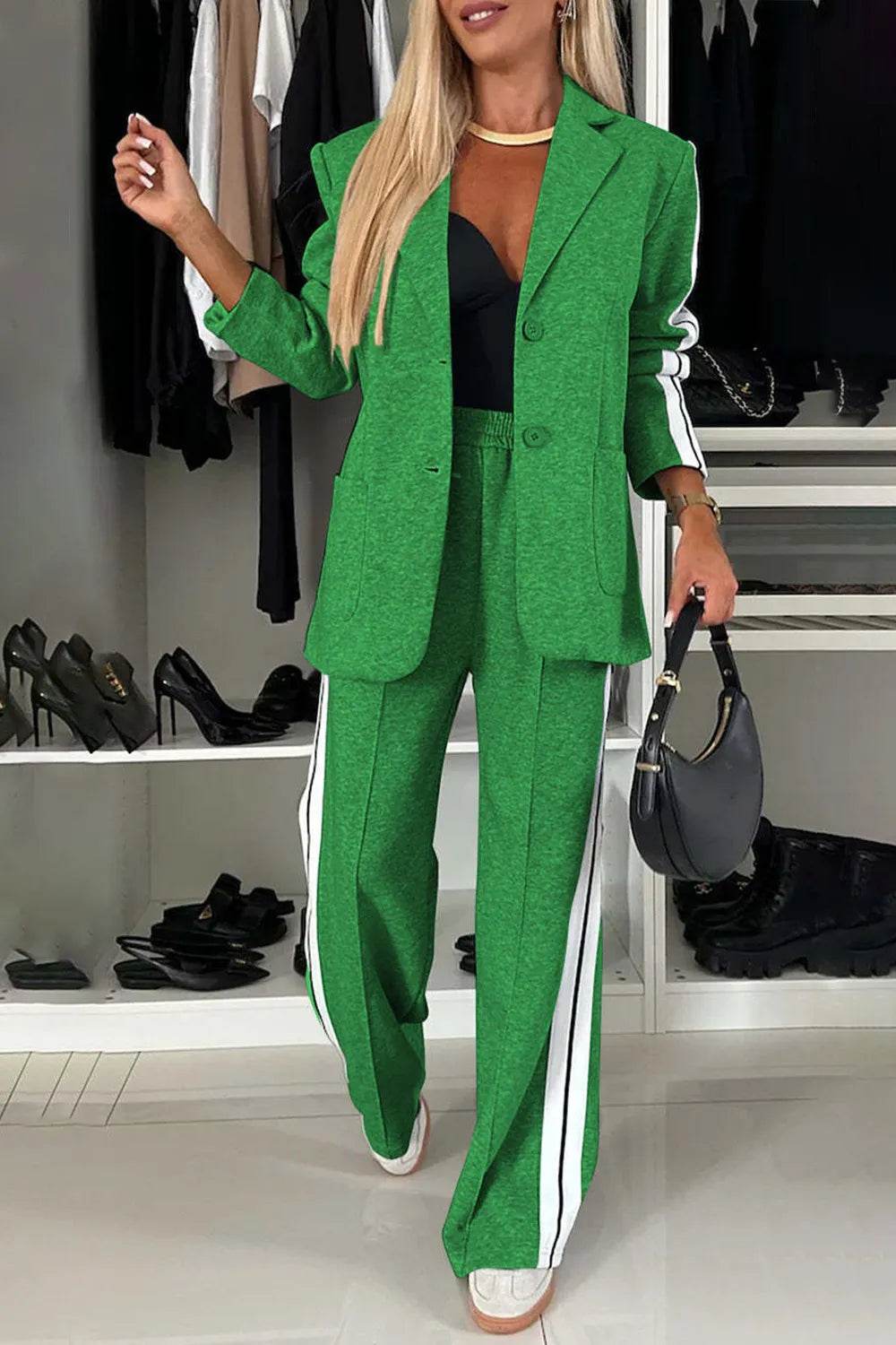 Full Size Contrast Lapel Collar Top and Pants Set - Tredona LLC