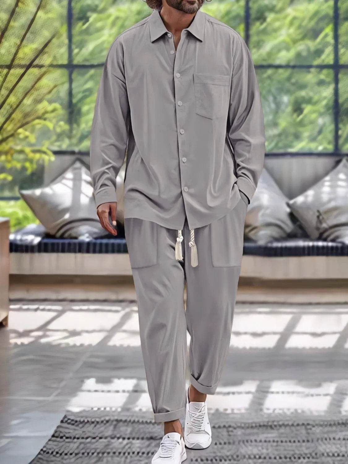 Men's Button Down Long Sleeve Shirt and Pants Set - Tredona LLC