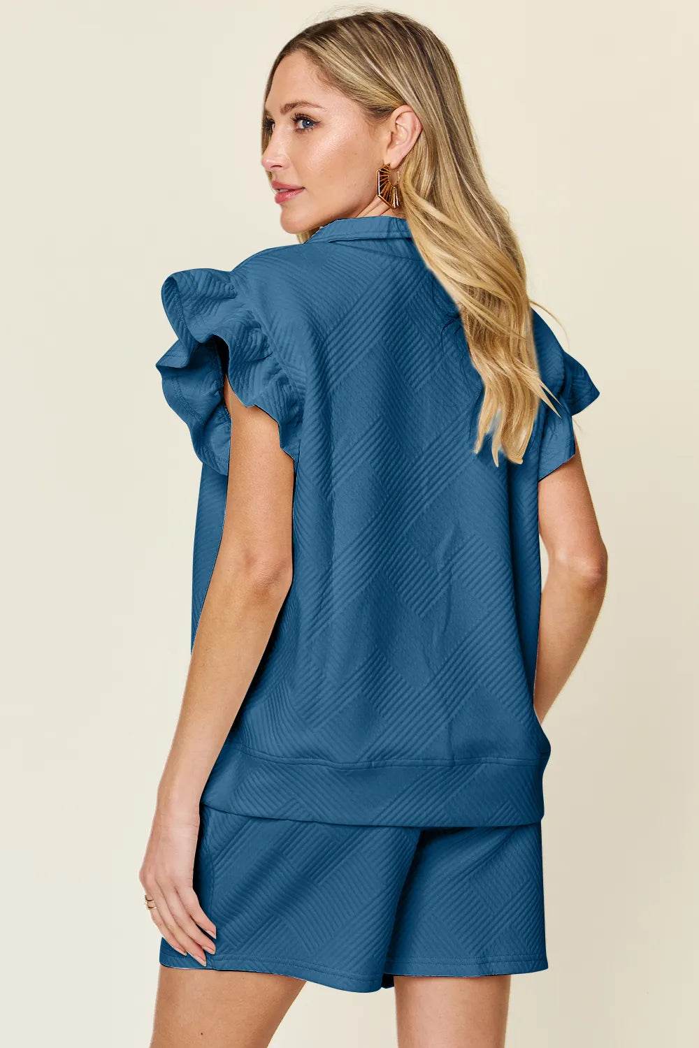 Double Take Full Size Texture Flounce Sleeve Top and Drawstring Shorts Set - Tredona LLC