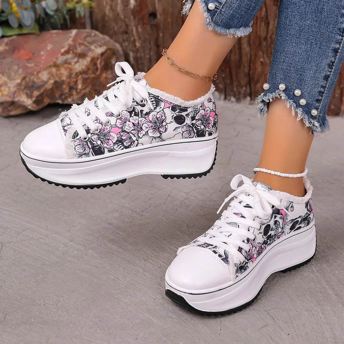 Printed Lace Up Platform Sneakers - Tredona LLC