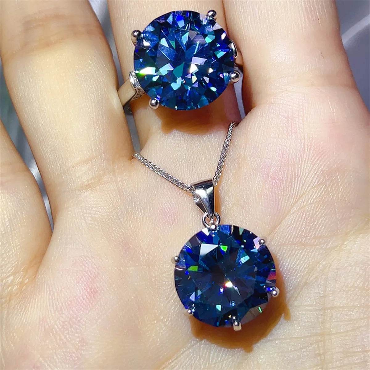 10 Carat Moissanite 925 Sterling Silver Ring and Necklace Set - Tredona LLC