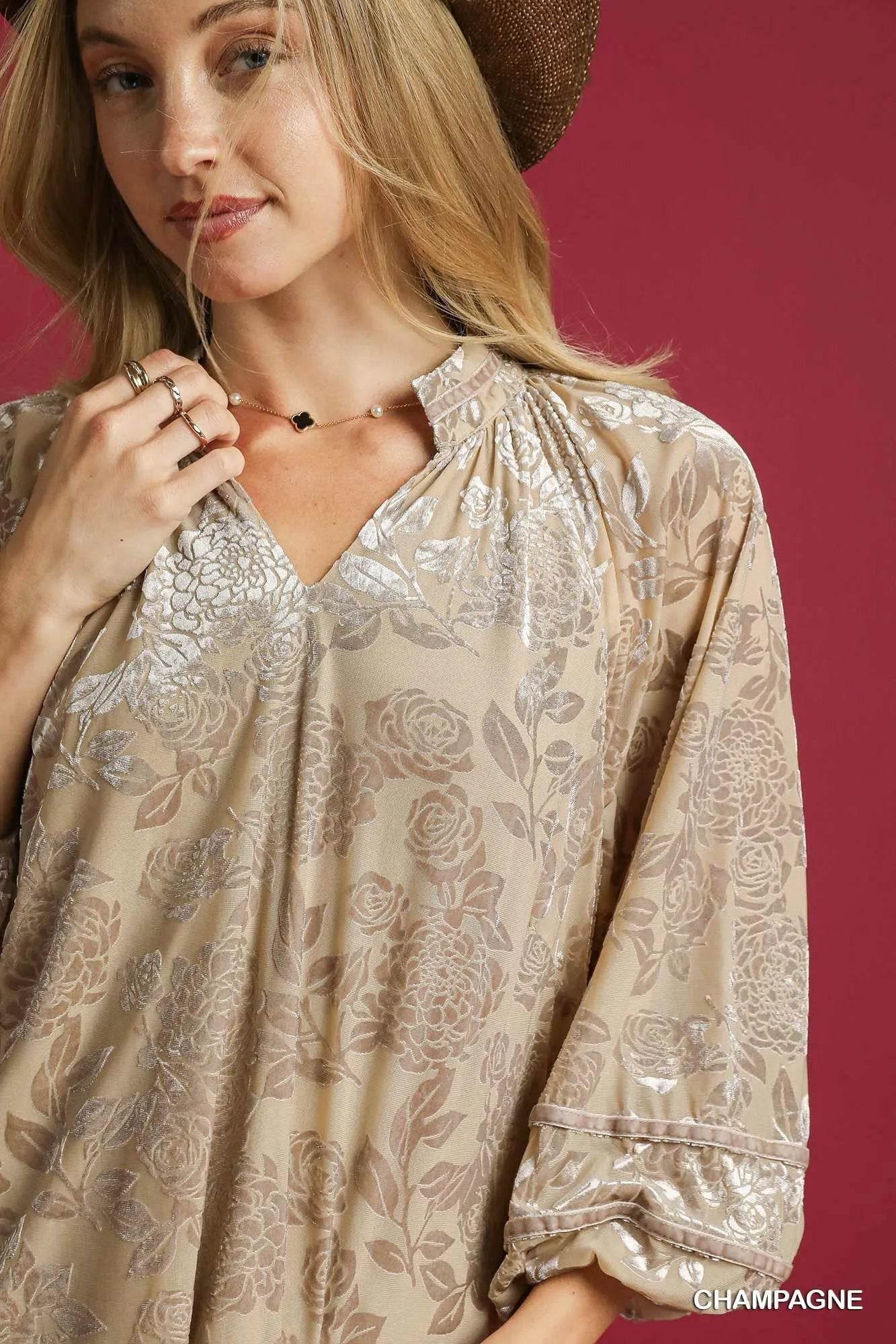 Umgee Floral Velvet Blouse with Balloon Sleeves - Tredona LLC