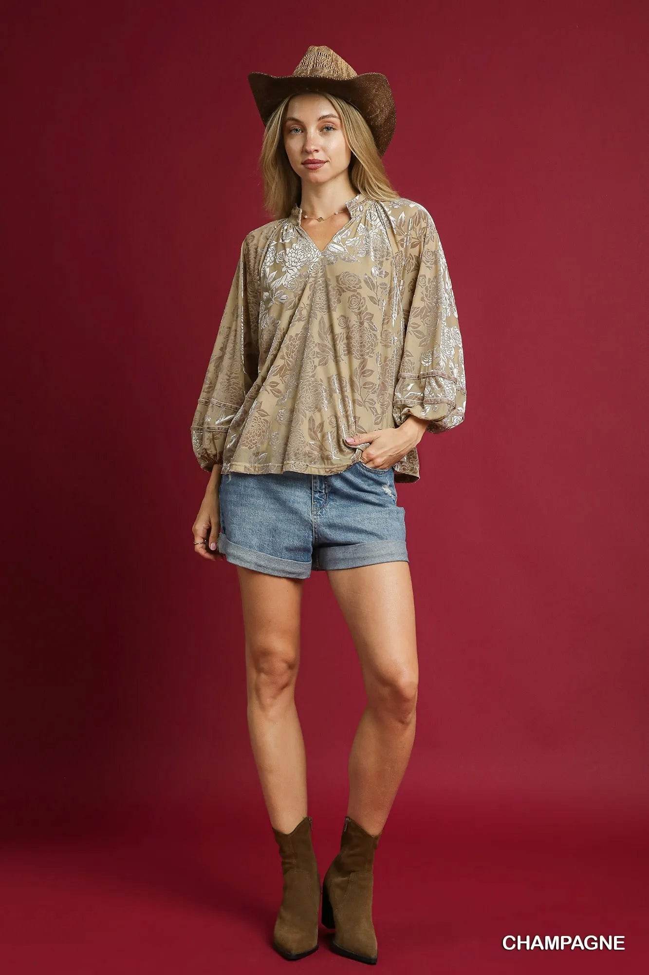 Umgee Floral Velvet Blouse with Balloon Sleeves - Tredona LLC