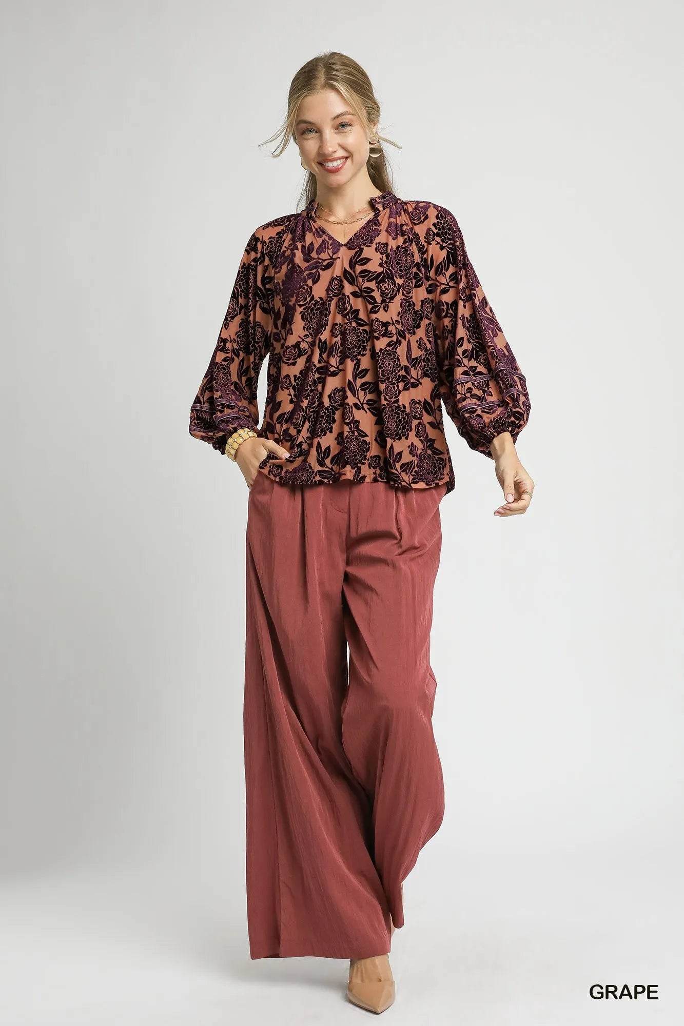 Umgee Floral Velvet Blouse with Balloon Sleeves - Tredona LLC