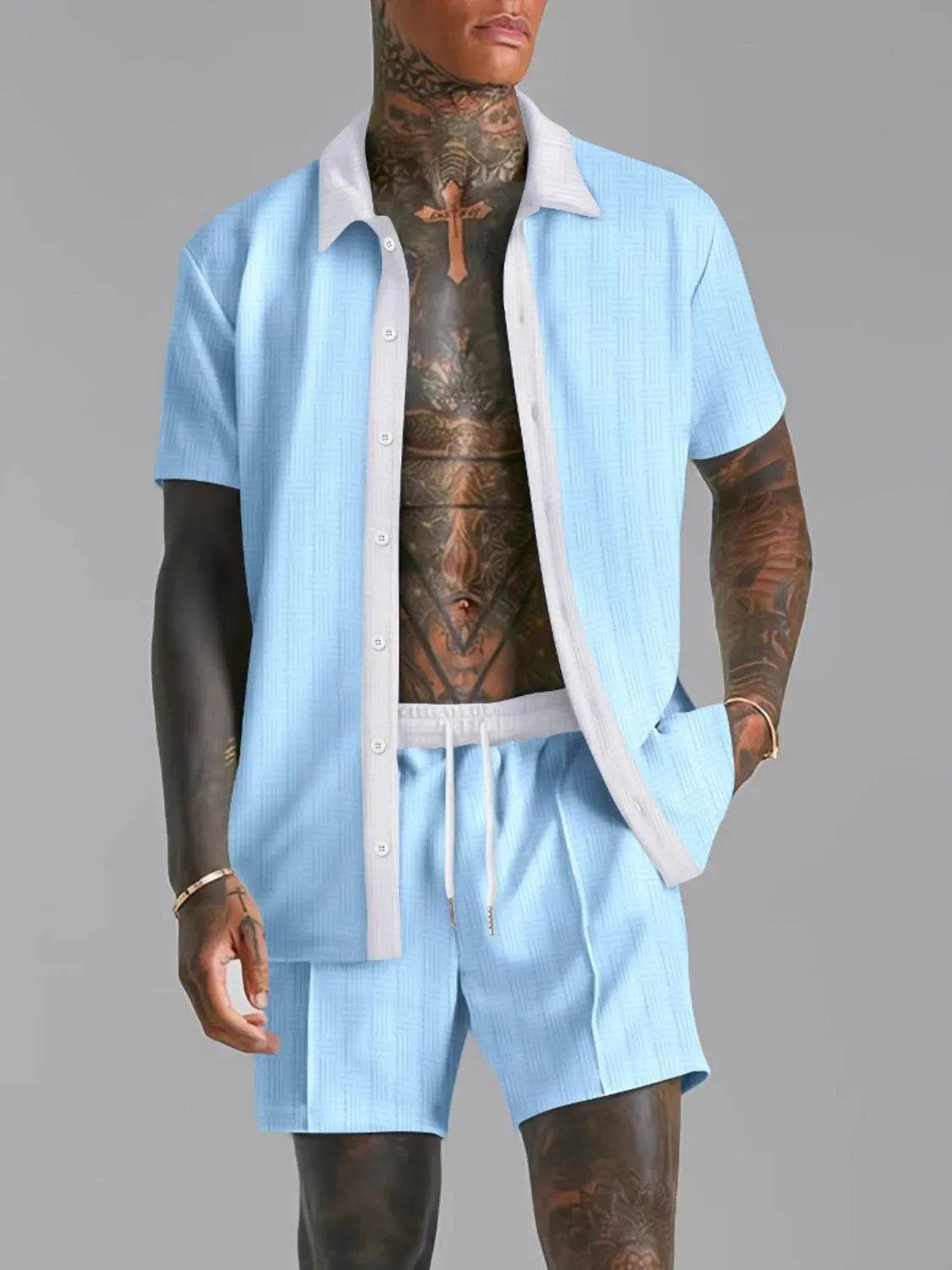 Men's Full Size Collared Neck Short Sleeve Top and Shorts Set Plus Size - Tredona LLC