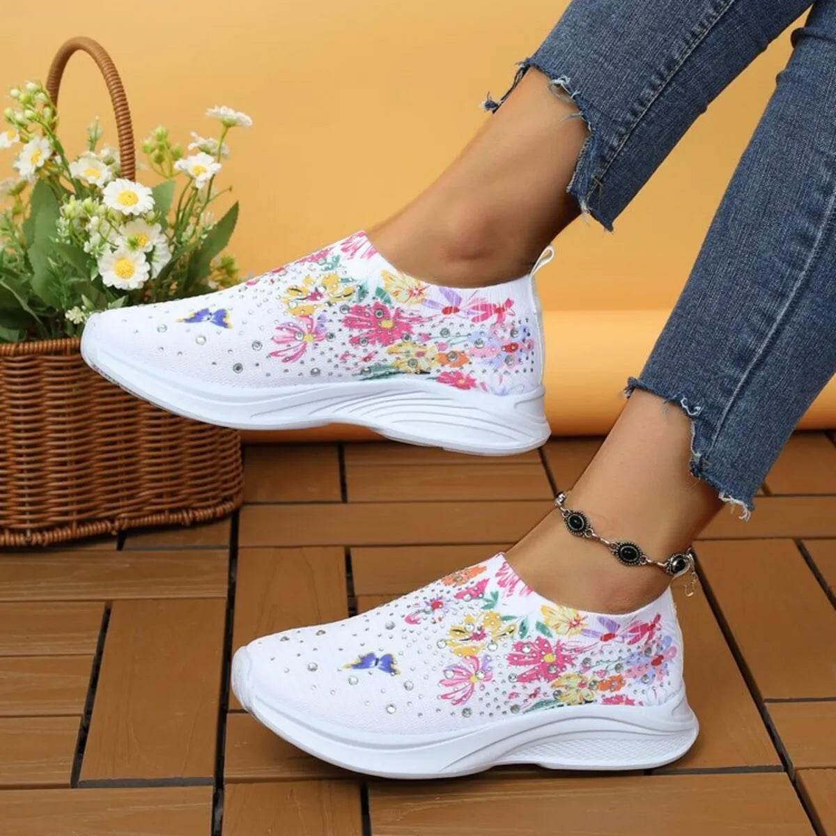 Rhinestone Floral Print Sneakers - Tredona LLC