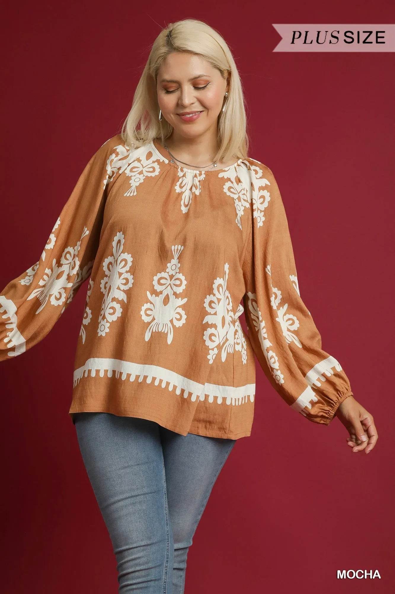 Umgee Full Size Two Tone Border Print Top with Balloon Sleeves Plus Size - Tredona LLC