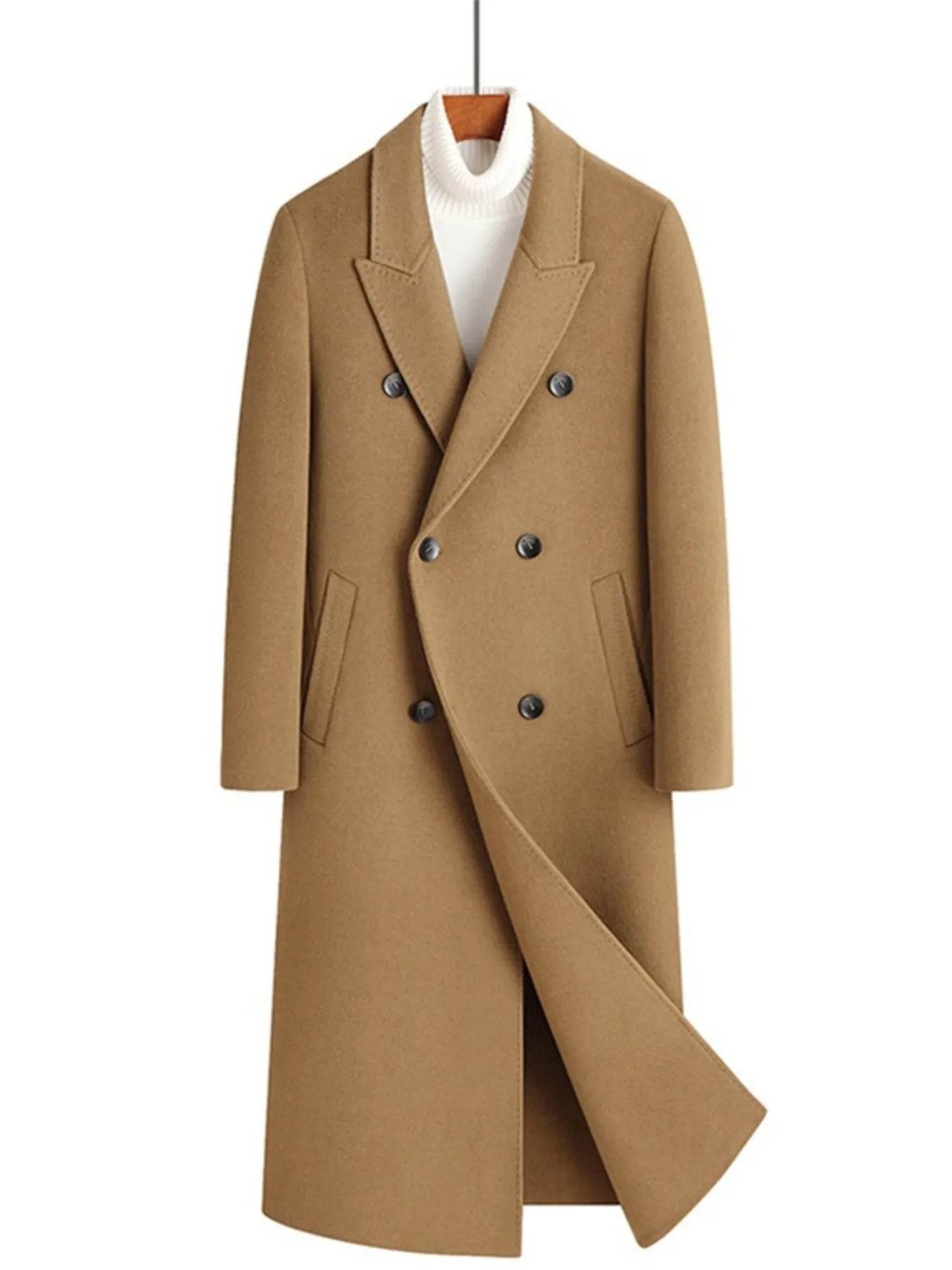 Men's Plus Size Double-Breasted Long Wool Coat - Tredona LLC