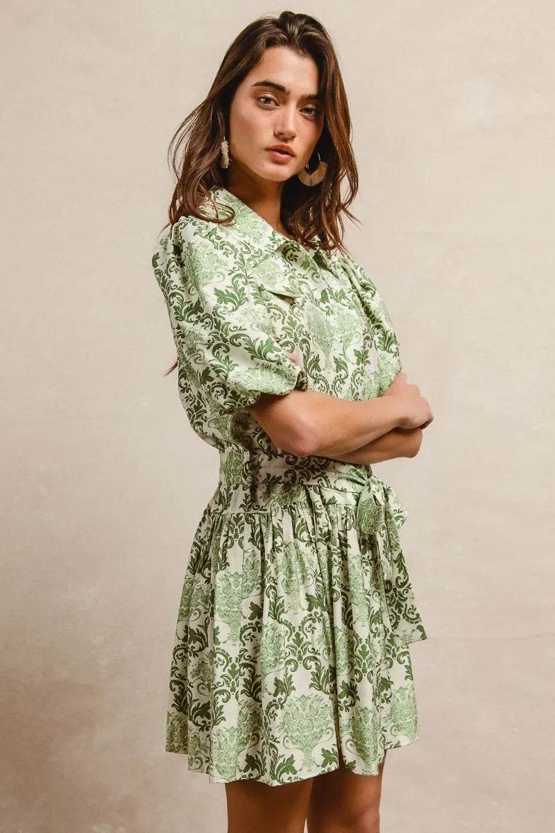 BiBi Tied Floral Short Sleeve Mini Shirt Dress - Tredona LLC