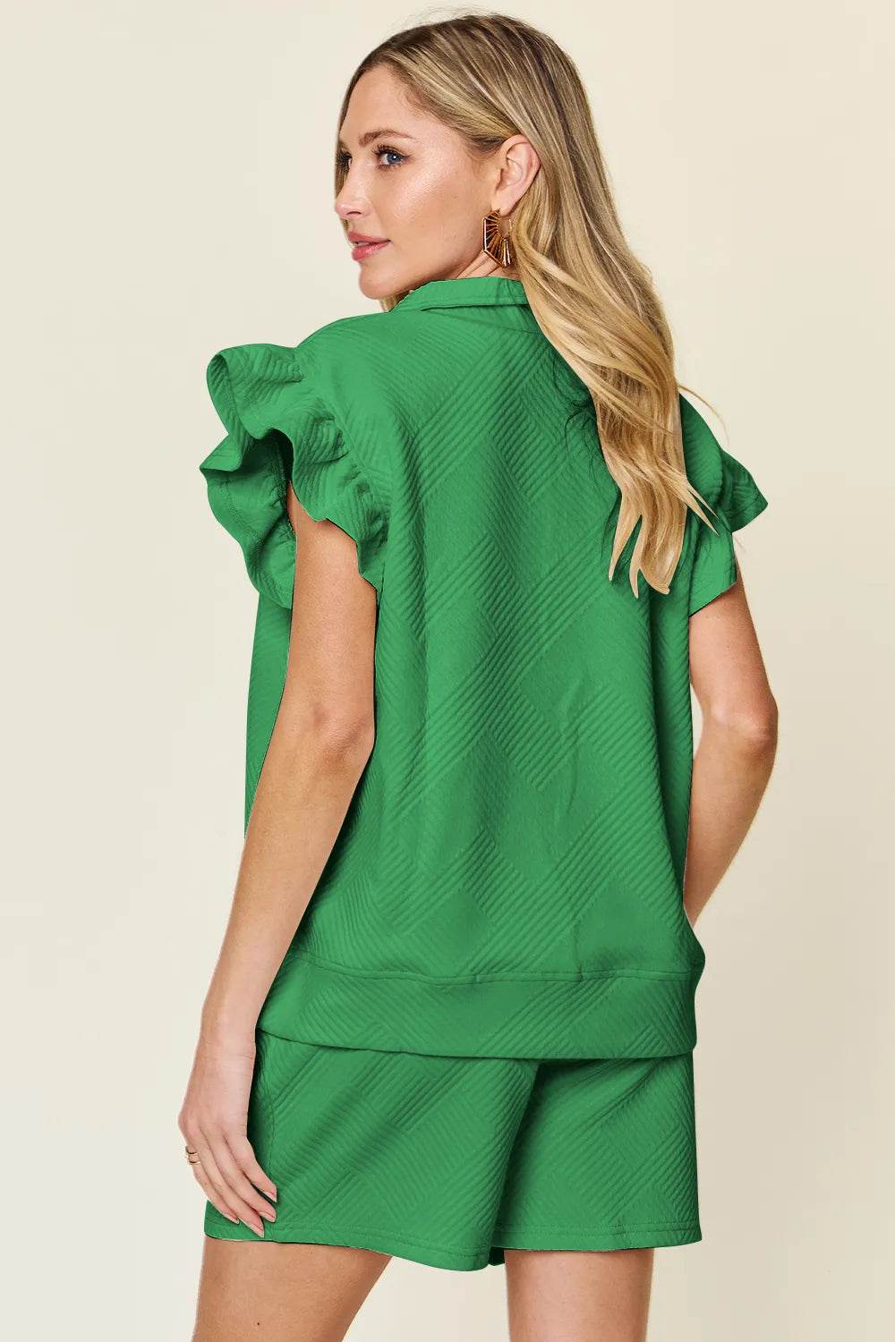 Double Take Full Size Texture Flounce Sleeve Top and Drawstring Shorts Set - Tredona LLC