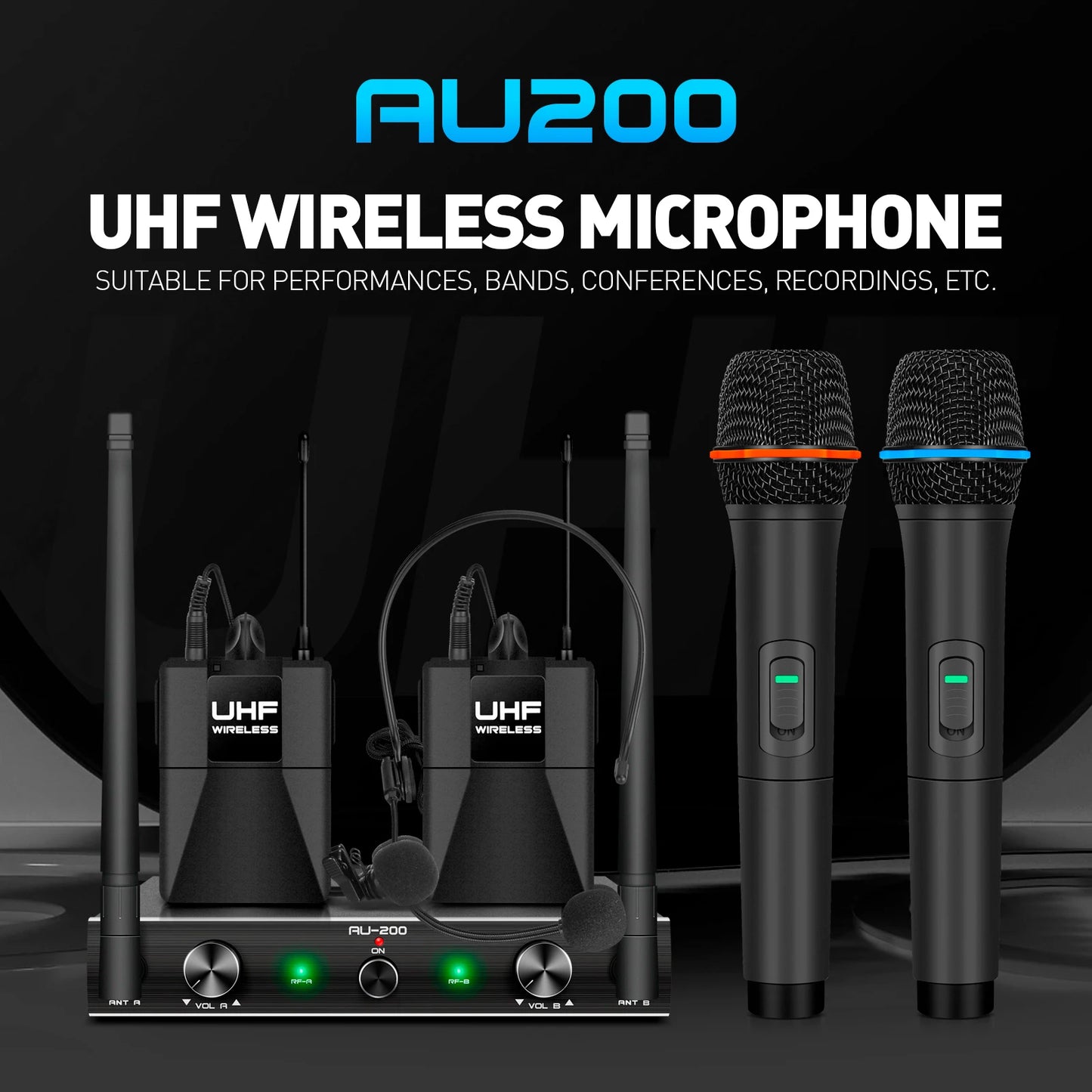 Professional UHF Wireless Microphone System 2 Channels 50m Range with Receiver for Karaoke Singing Home Party Performance 500-59