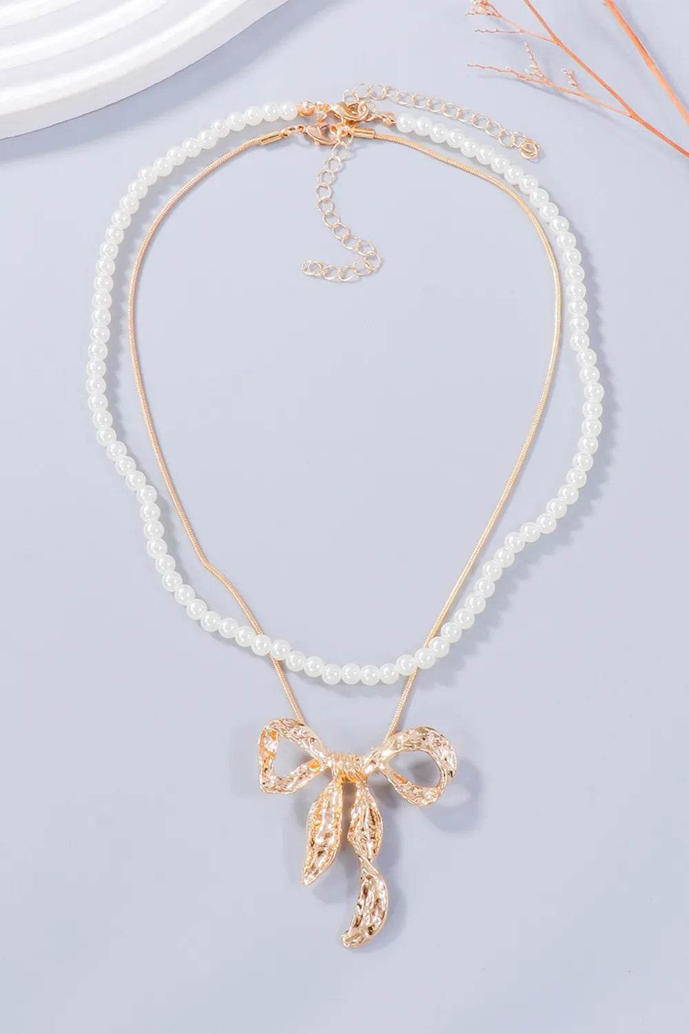 Synthetic Pearl Necklace, Bow Necklace and Bow Earrings Jewelry Set - Tredona LLC