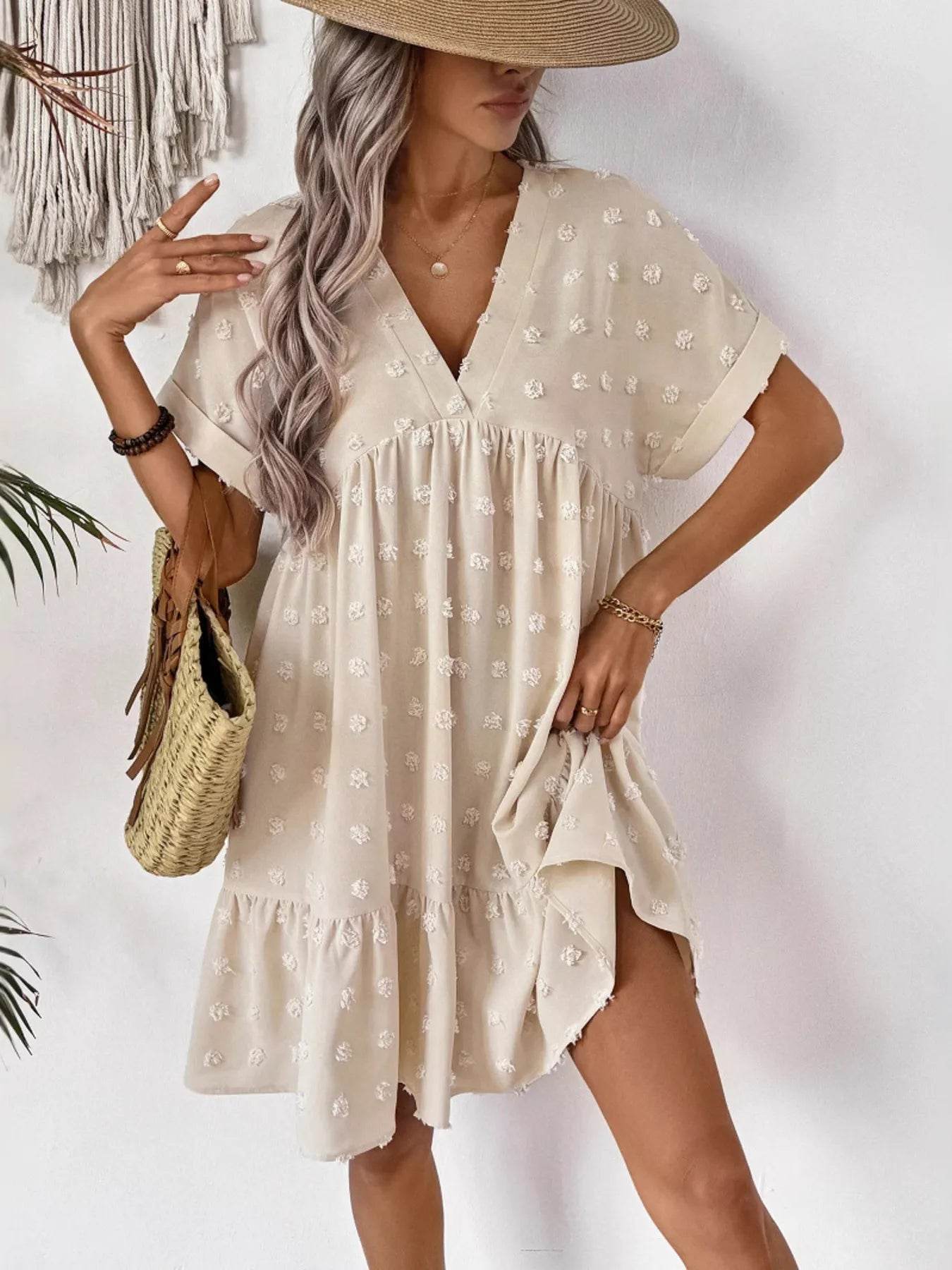 Ruffled Hem Swiss Dot Mini Dress - Tredona LLC