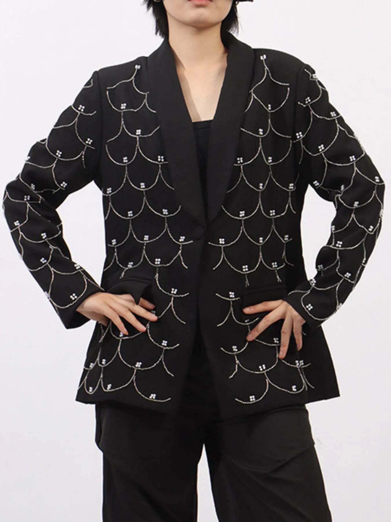 Pearl Detail Long Sleeve Blazer - Tredona LLC
