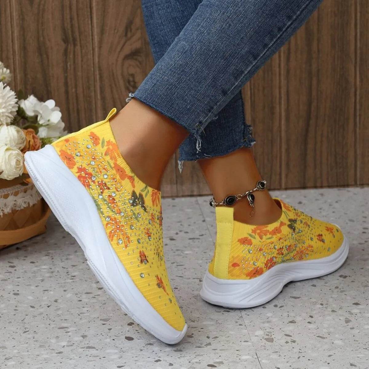 Rhinestone Floral Print Sneakers - Tredona LLC