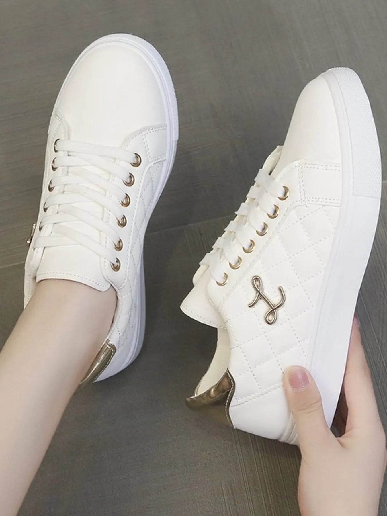 Quilted Platform Sneakers with Metallic Gold Accents - Tredona LLC