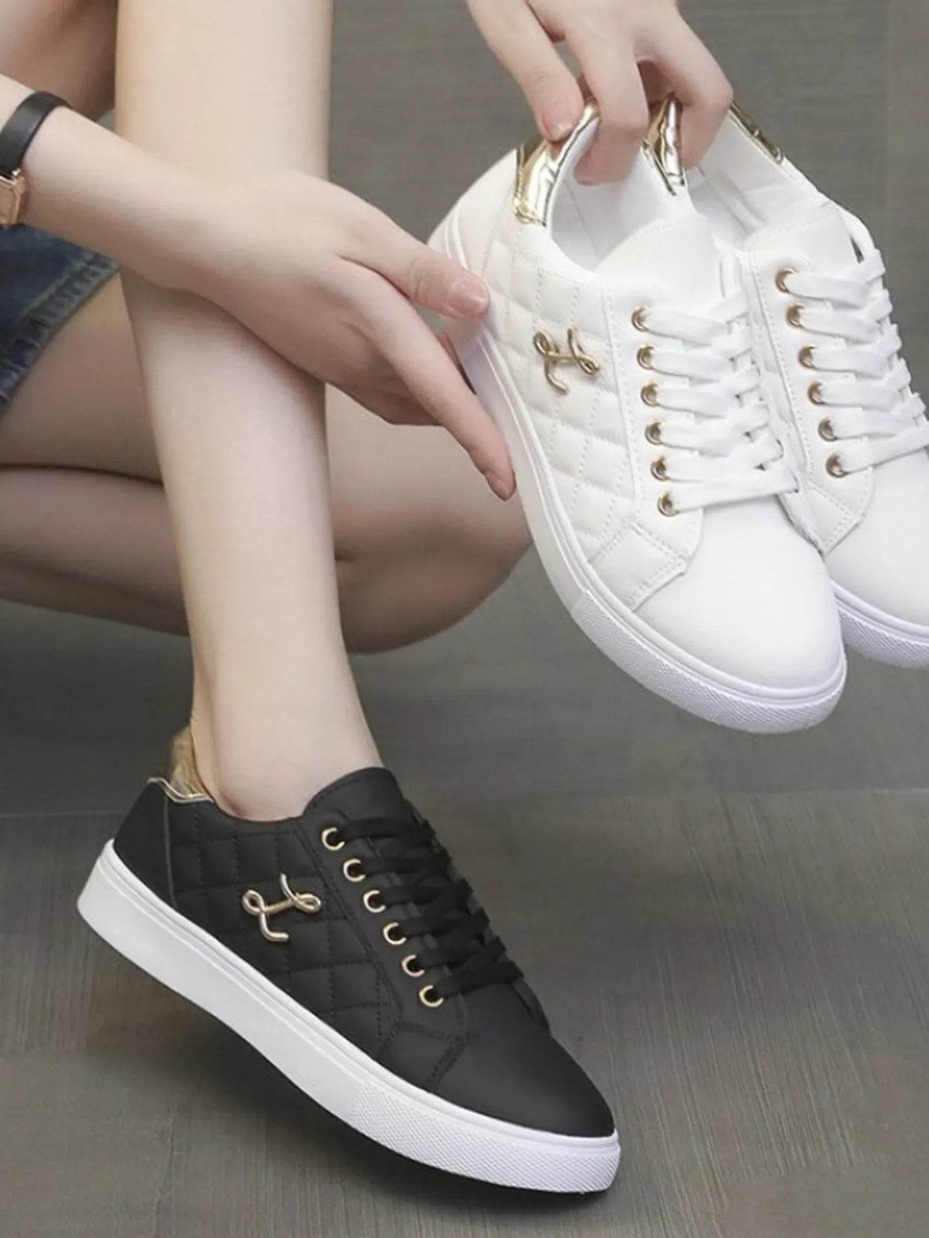 Quilted Platform Sneakers with Metallic Gold Accents - Tredona LLC
