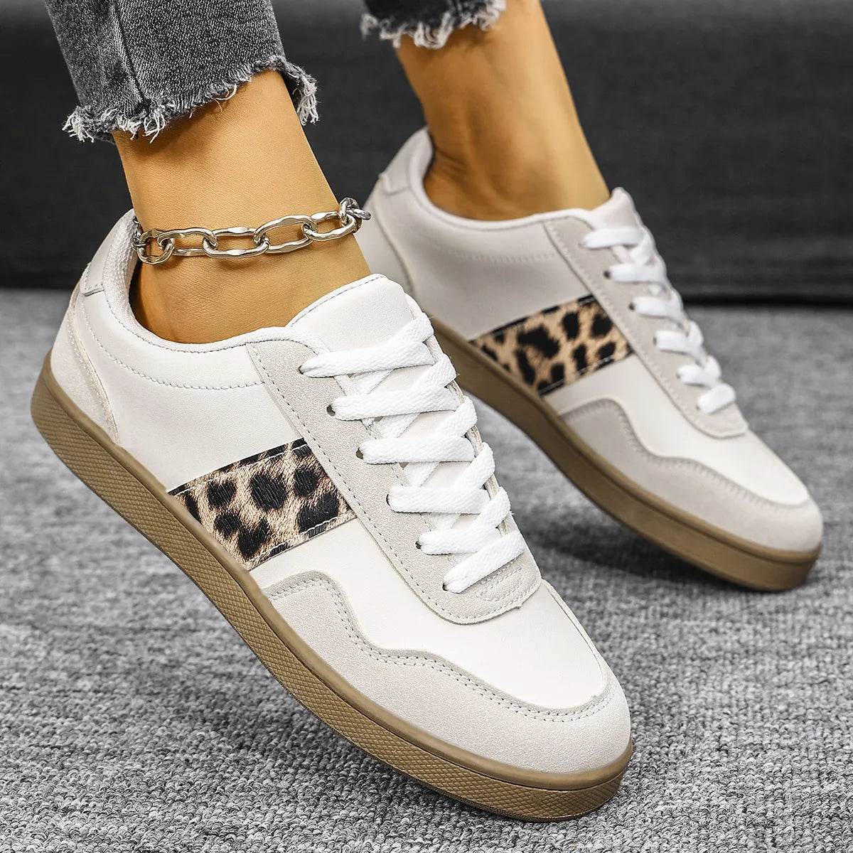 Leopard Lace Up Round Toe Sneakers - Tredona LLC