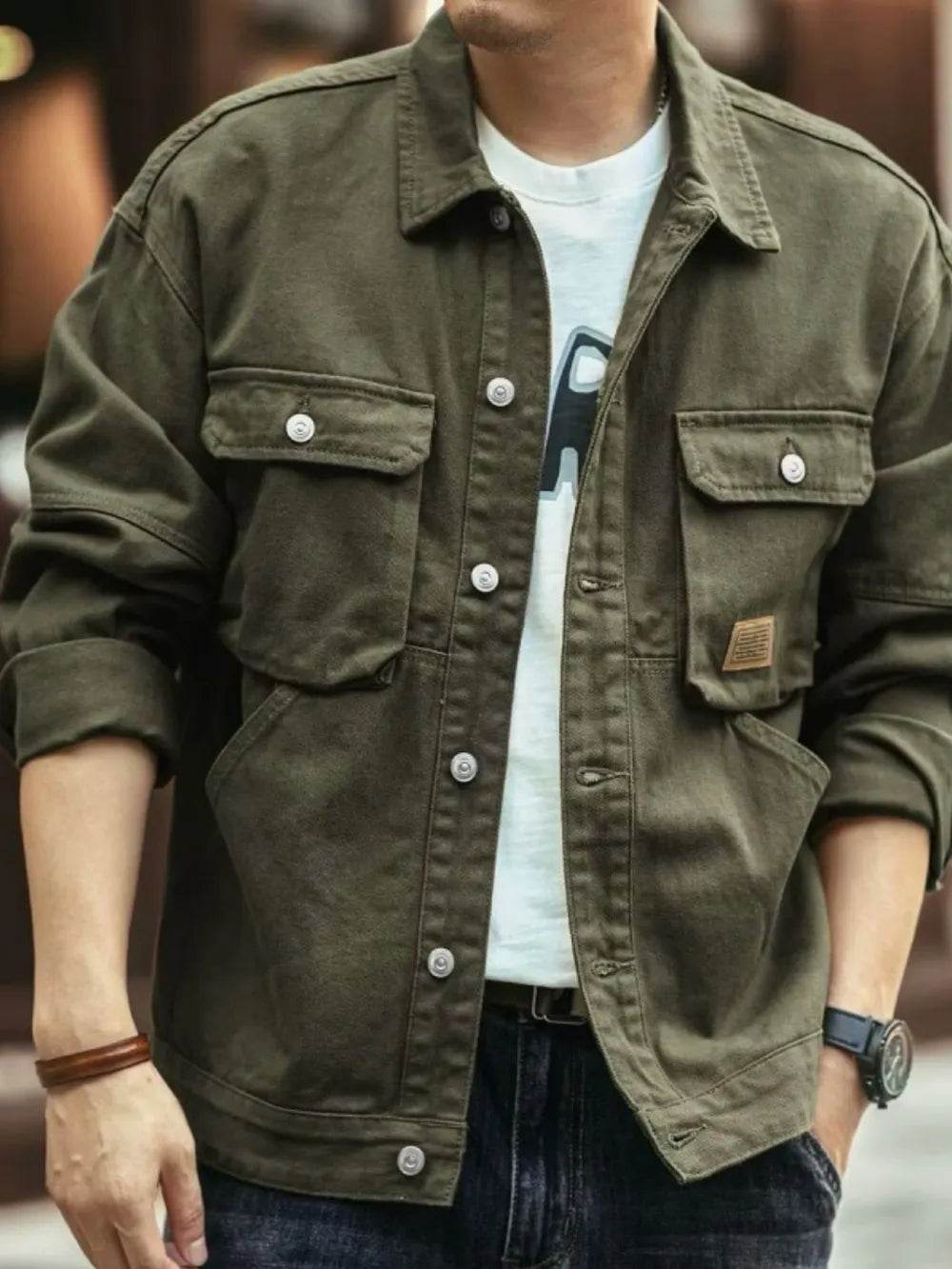 Men's Washed Collared Neck Cargo Jacket - Tredona LLC