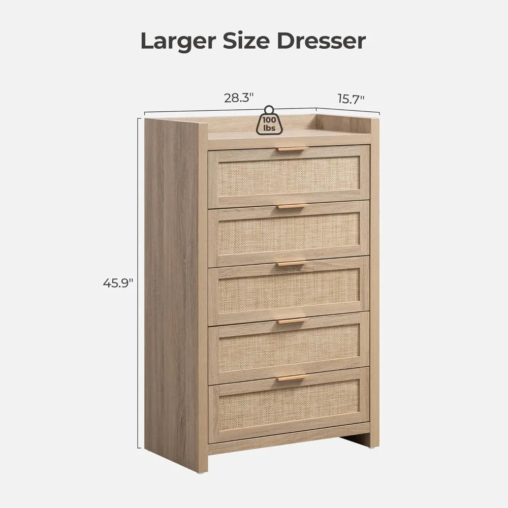 SICOTAS Dresser for Bedroom Chest of Drawers 46 Tall Dresser for Closet with 5 Rattan Drawers Boho Night Stand Large Clothes Sto