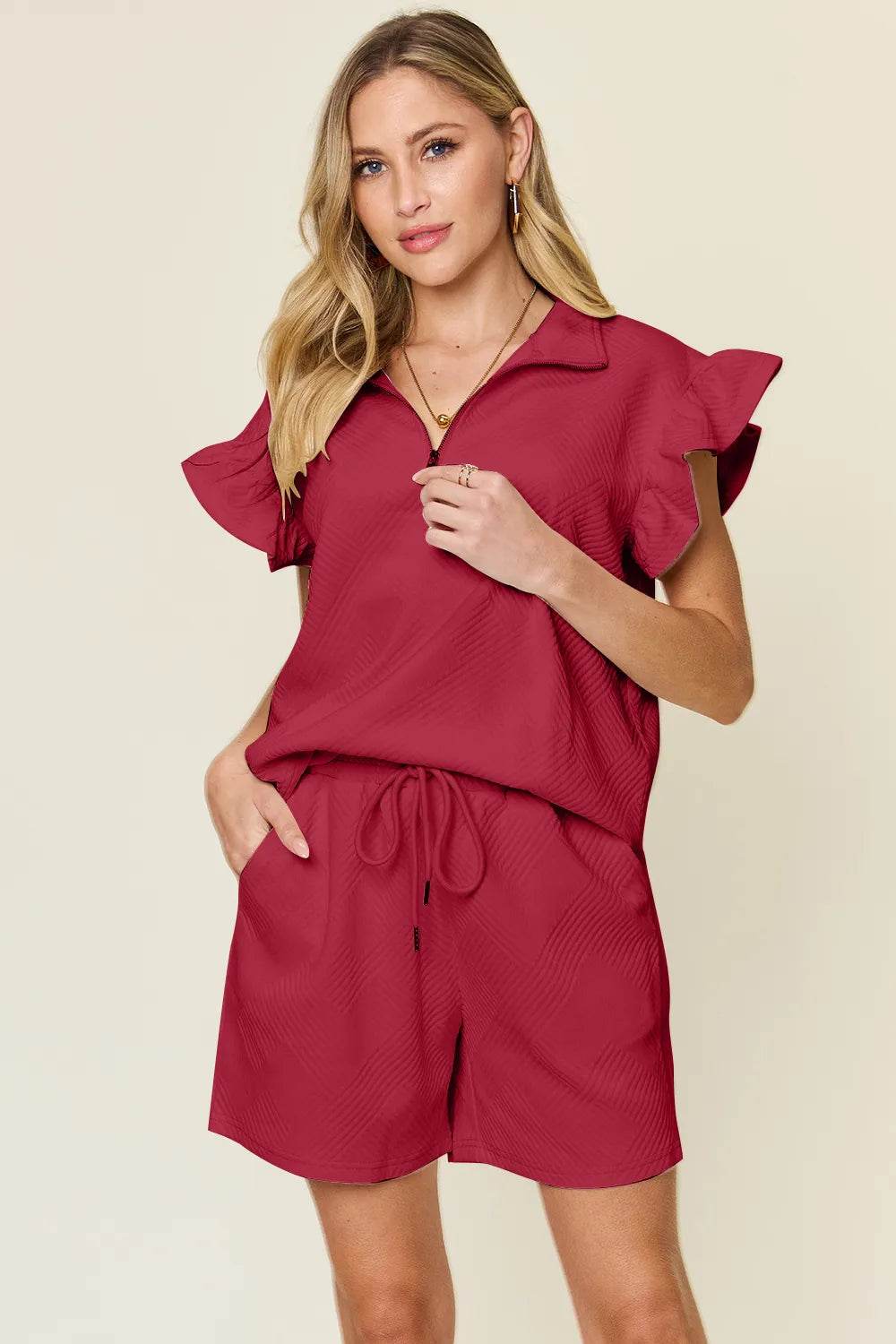 Double Take Full Size Texture Flounce Sleeve Top and Drawstring Shorts Set - Tredona LLC