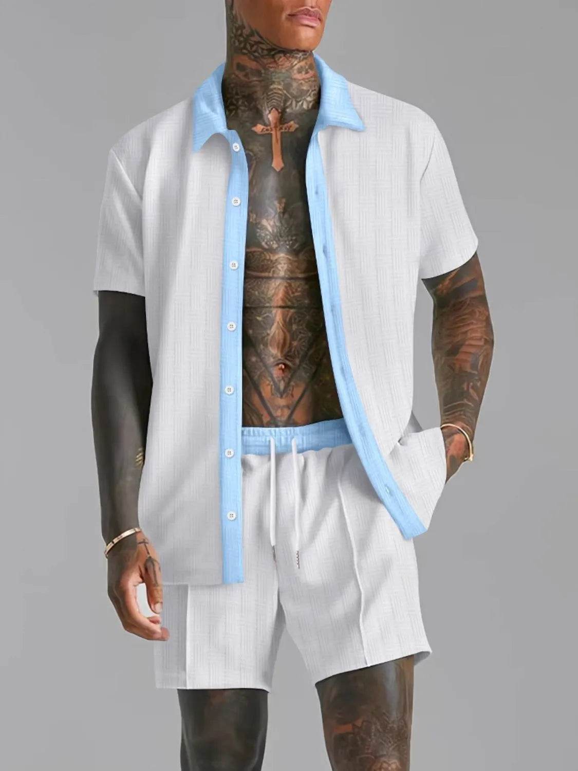 Men's Full Size Collared Neck Short Sleeve Top and Shorts Set Plus Size - Tredona LLC