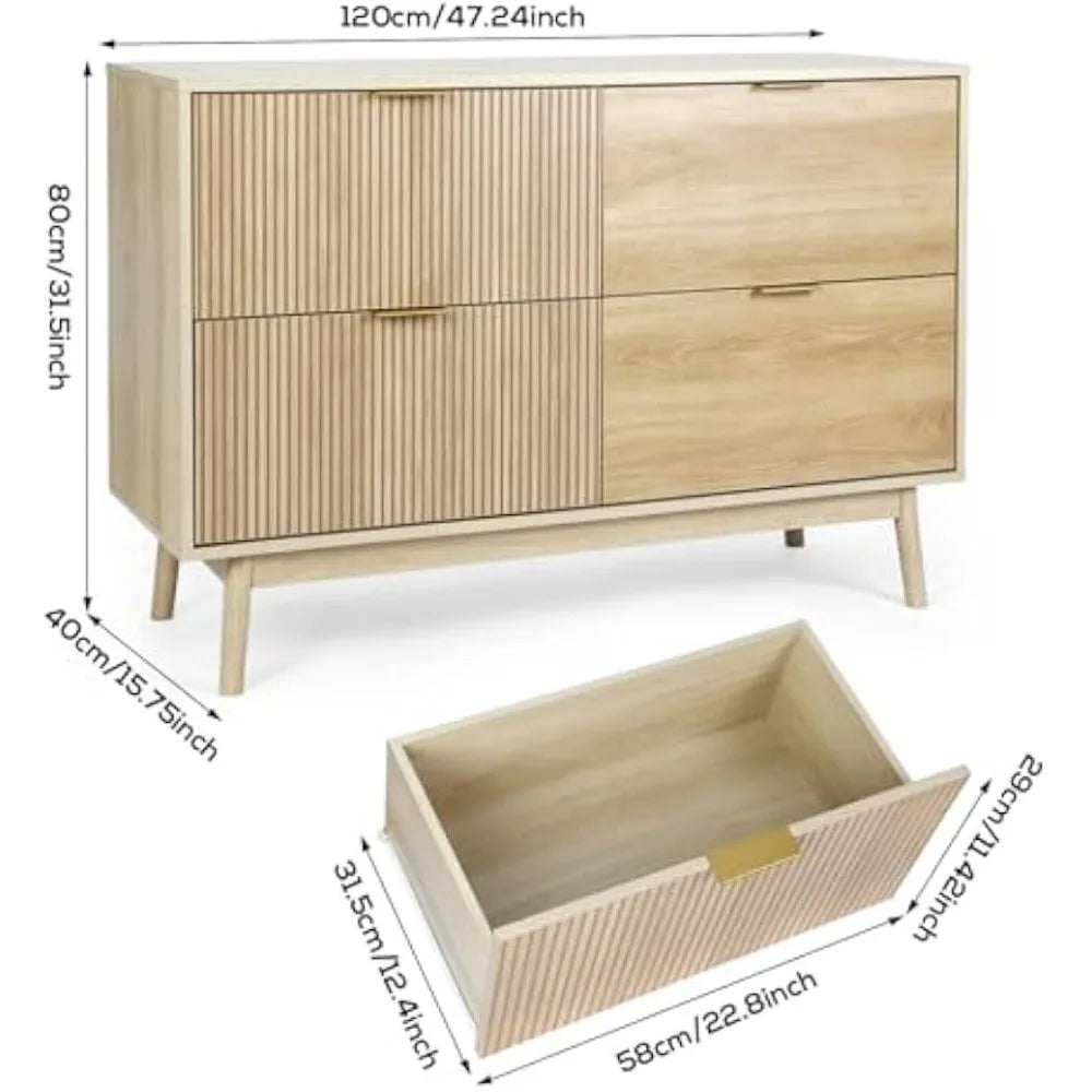 VOWNER Fluted 4 Drawers Dresser for Bedroom, 47 Wide Modern Chest of Drawers, Pull-Free Drawers, Wooden Closet Clothes Storage O