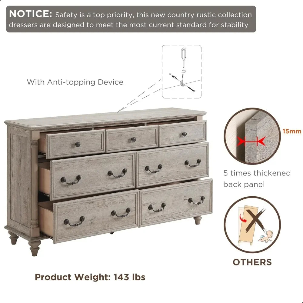 Rustic Country Style 7-Drawer Wood Dresser with Solid Feet and Column Accents for Bedroom