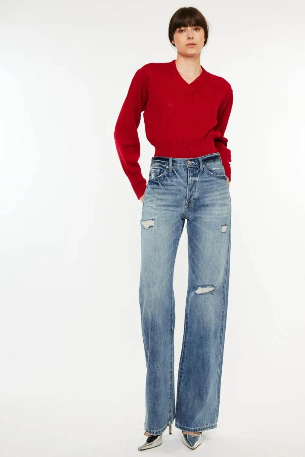 Kancan Distressed High Waist Bootcut Jeans - Tredona LLC